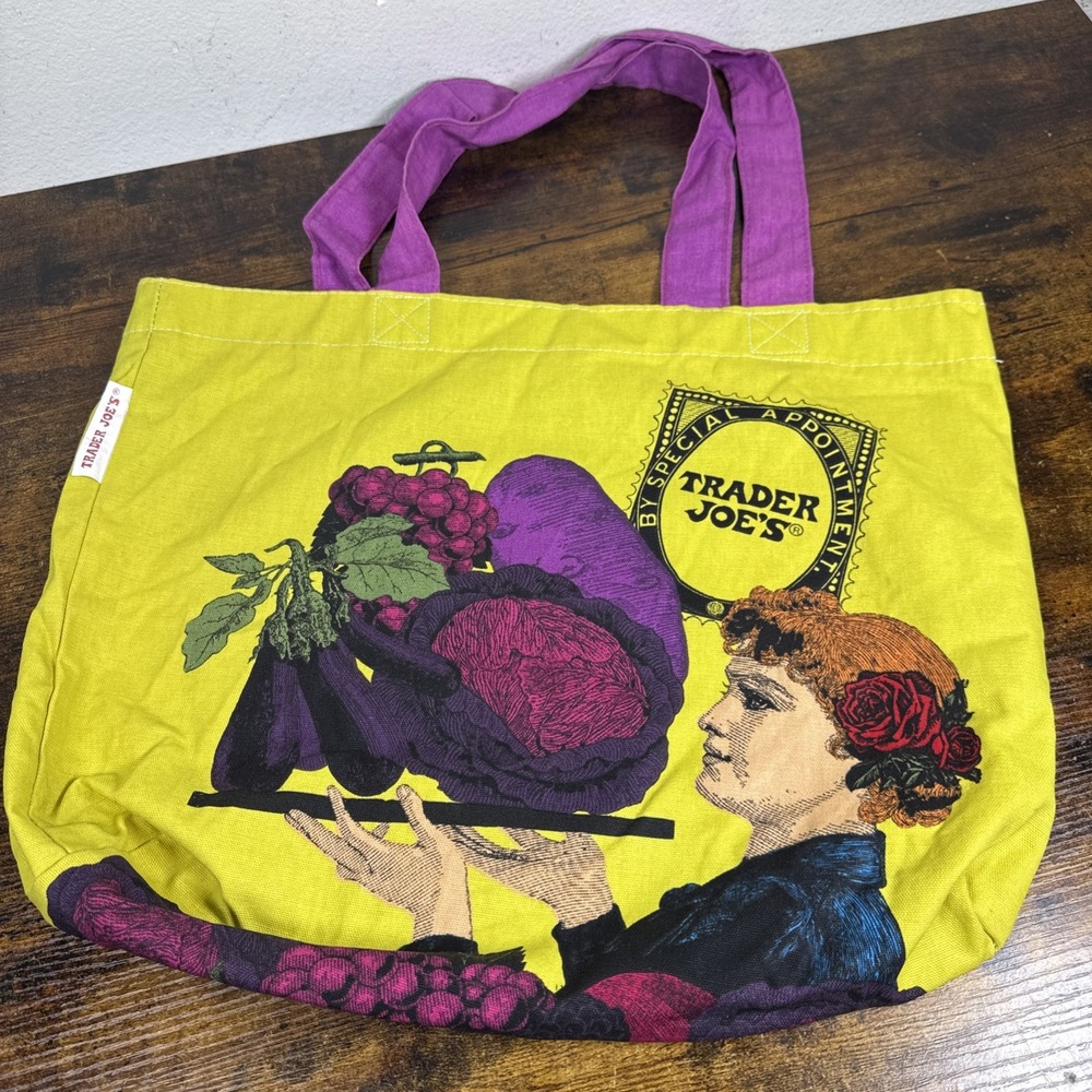 Trader Joe’s Reusable Tote Bag Yellow Purple Pink Food Print 20x14x6 NEW No Tags